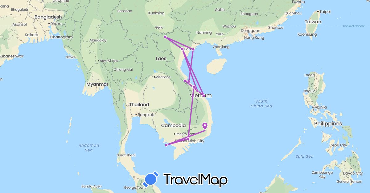TravelMap itinerary: plane, train in Vietnam (Asia)